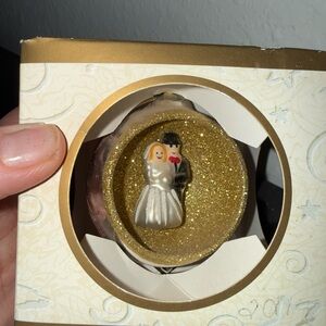 Vtg Old Glass Gold Wedding Ornament with Bride and Groom inside nwt